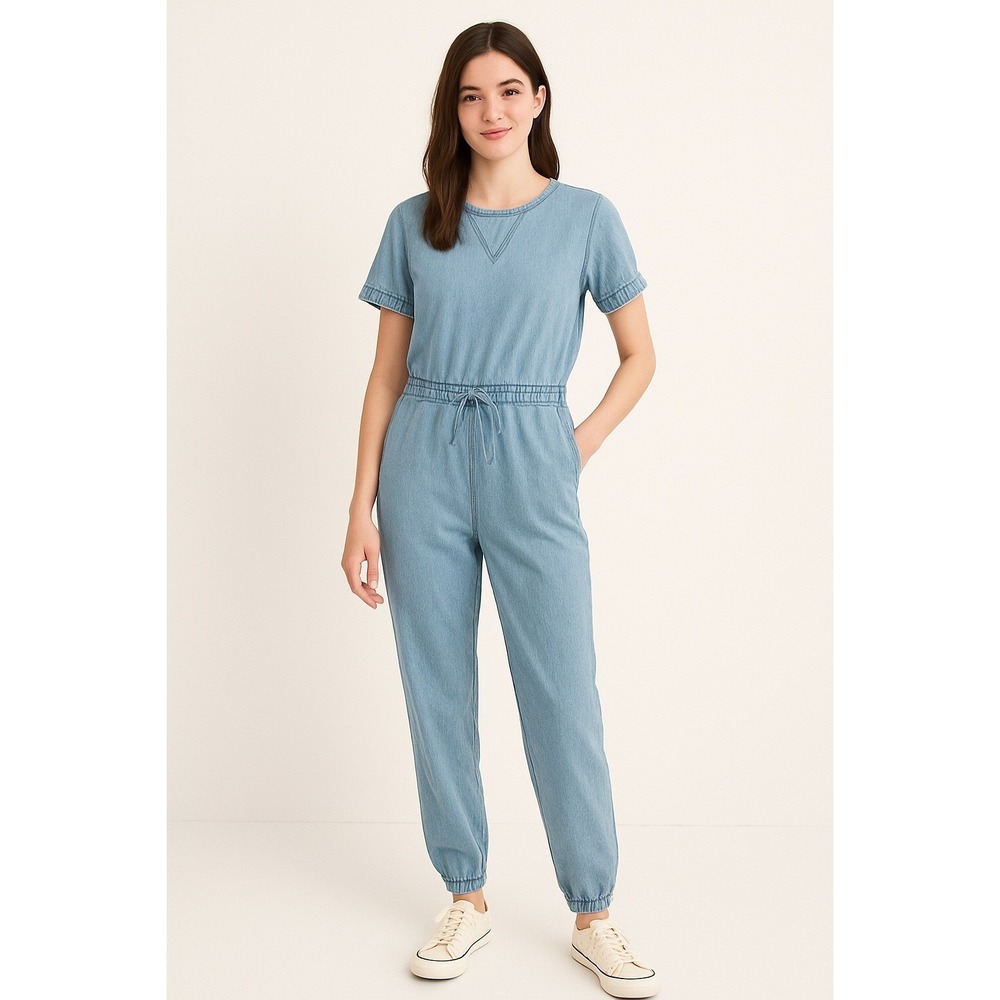 Faded Denim Jumpsuit Drawstring Casual Urban Streetwear Life In Progress Size XS